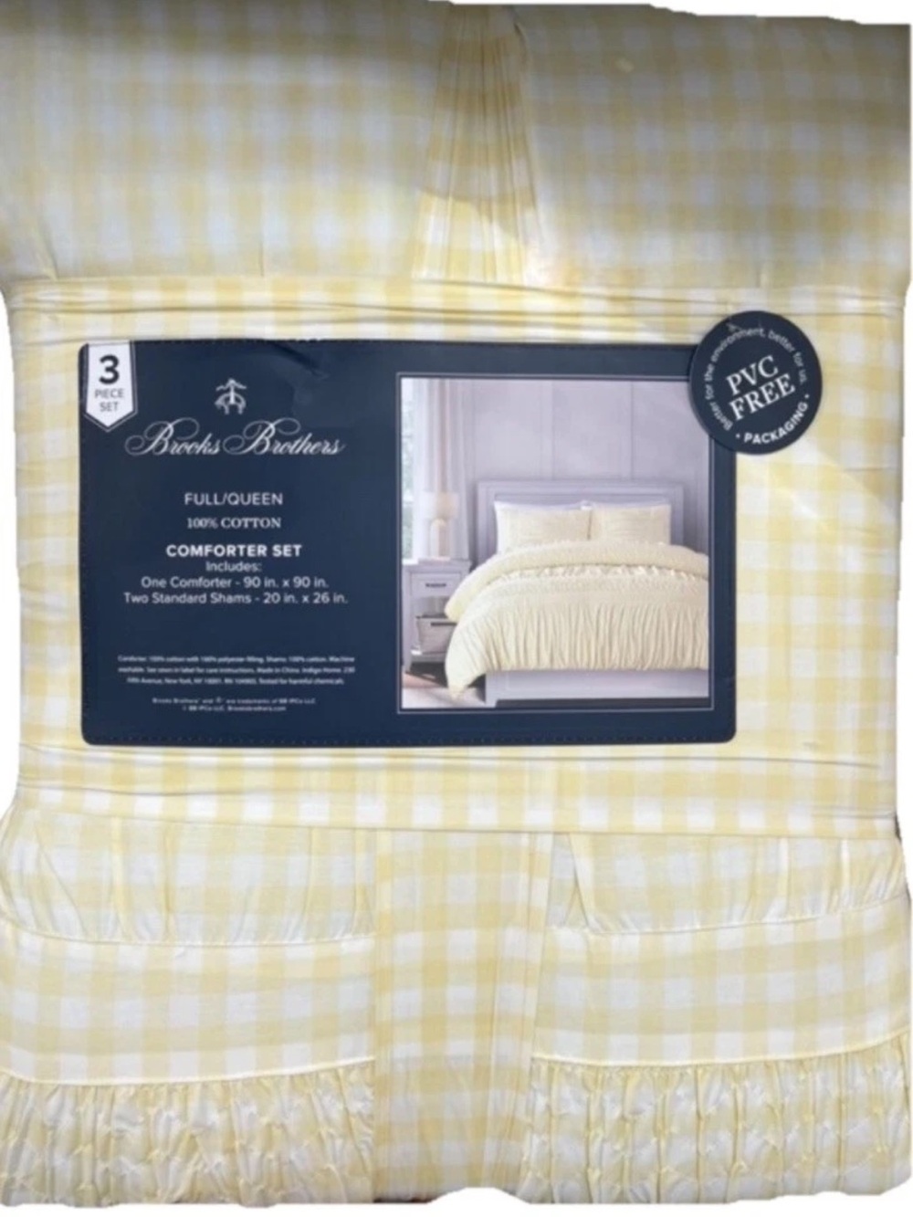 Brooks Brother Yellow and White Checkered Queen Cotton Comforter Set 90”x90”